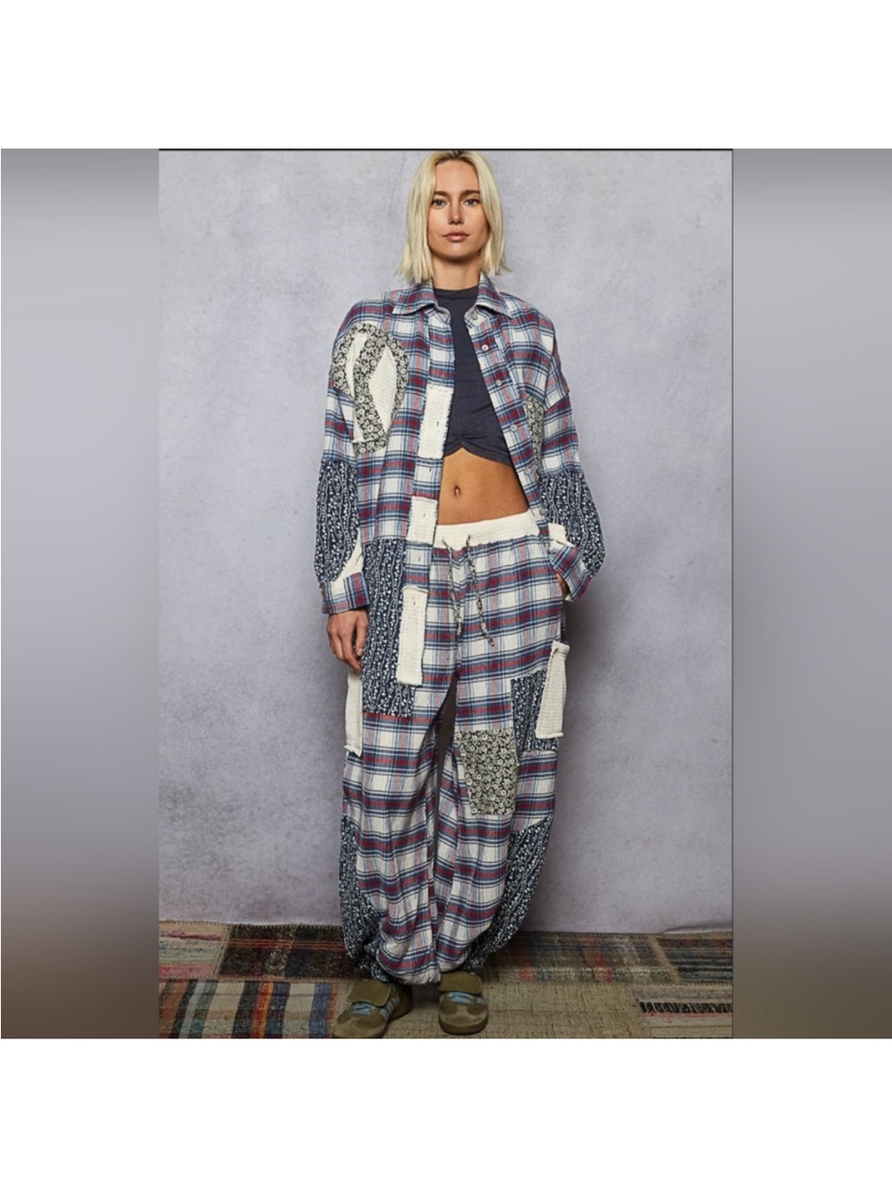 POL Plaid Patchwork Track Pants - Blue, White, Navy